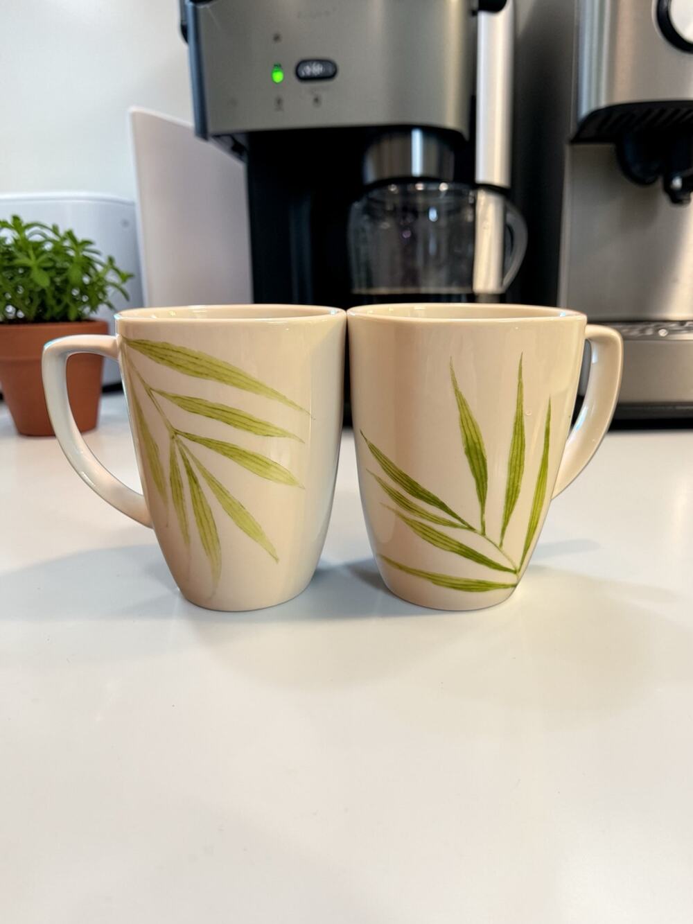 Set of 2 Corelle Coordinates "Bamboo Leaf" Porcelain Mugs